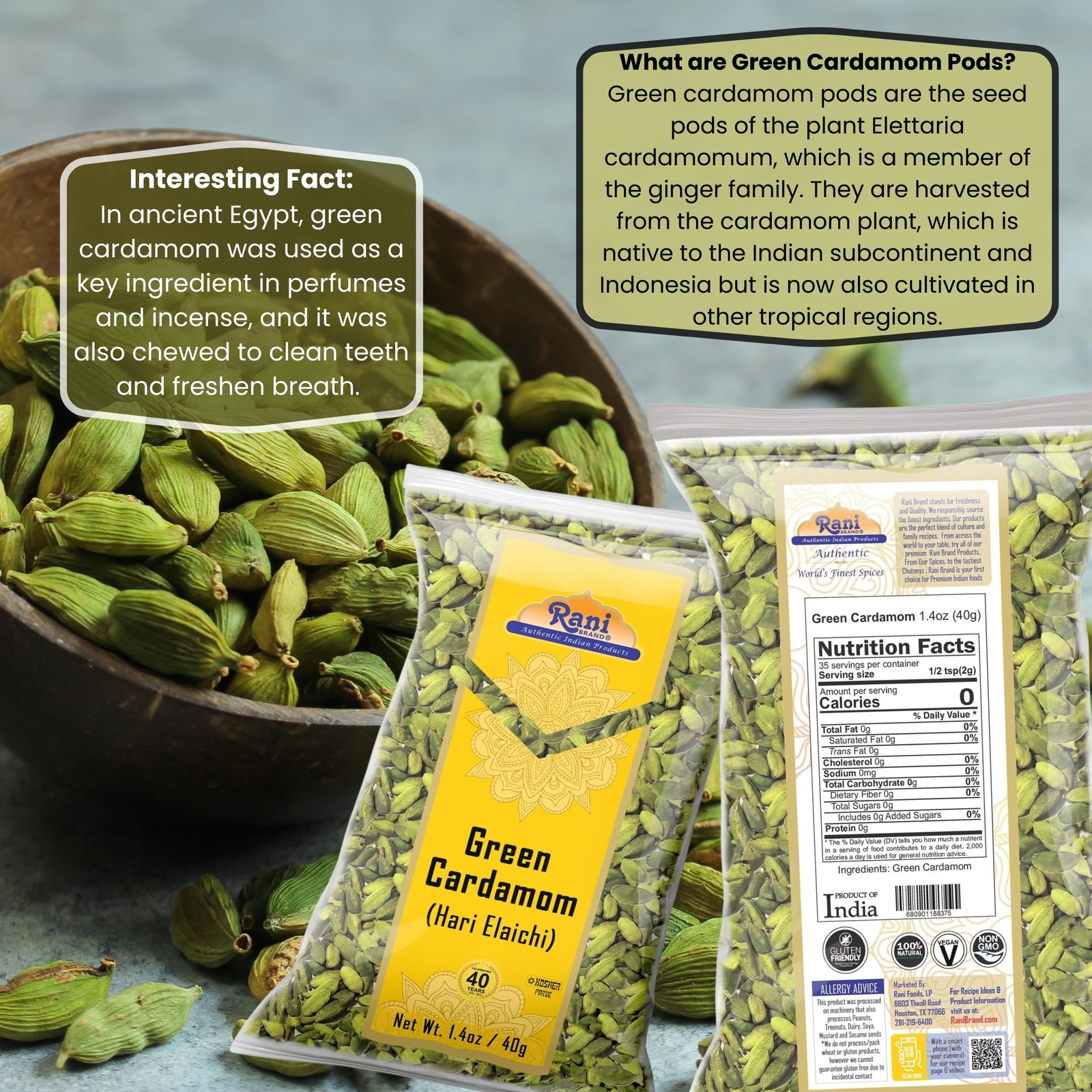 Rani Green Cardamom Pods Spice (Hari Elachi) 1.4oz (40g)