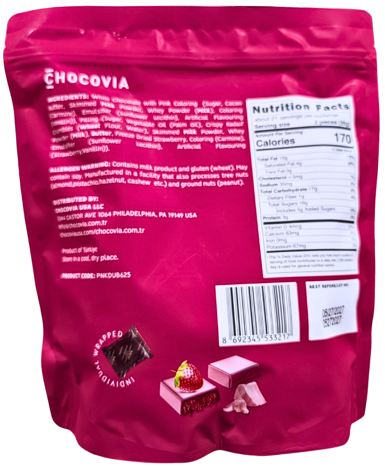 Chocovia Pink Chocolate Strawberry & Kadaif Dubai Style 22 Oz EXP 05/2027